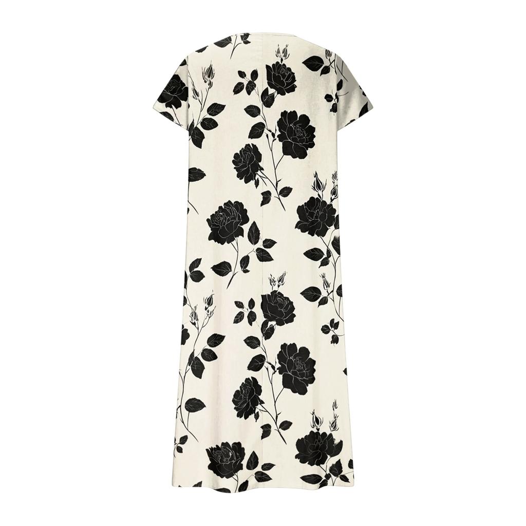 Fashionable Women's Summer V-neck Short Sleeved Retro Floral Print Beach Dress