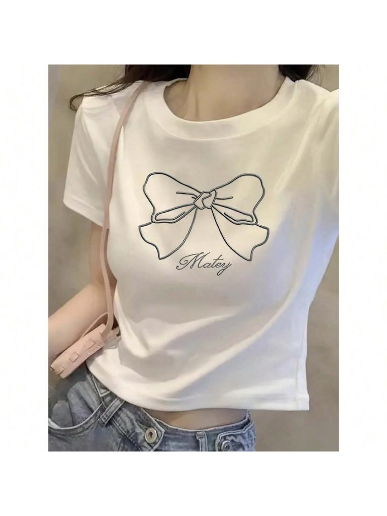 Wounisex's Fashion Cotton Tops White T-Shirt Short Sleeve Black Bow Print Ladies Casual Summer Outdoor T-Shirt Y2K Gift