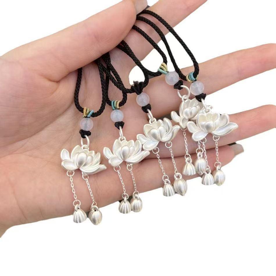 Silver Lotus Pod Pendant Sweater Chain with Black Rope