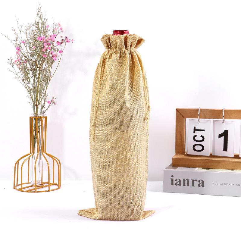 10pcs Christmas New Year Party Champagne Red Wine Drawstring Linen Wine Bottle Packaging Bags Decor Gift Supplies