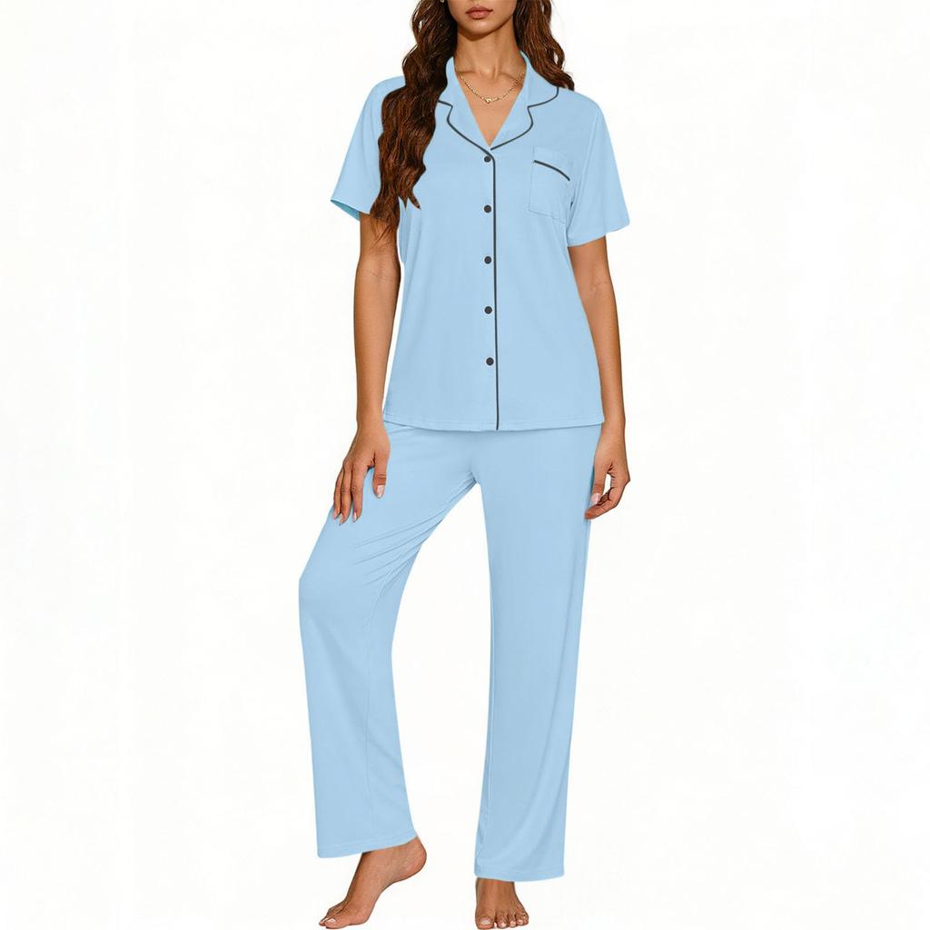 Women's Fashionable Loose-Fit Loungewear Short-Sleeve Cardigan Collared Pajama Set