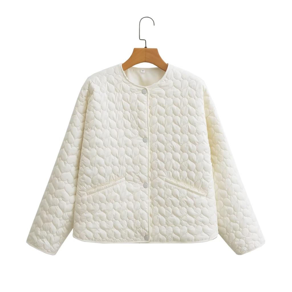 Autumn and Winter Women's Round Neck Long-sleeved Buckle Love Cotton Coat Jacket Women