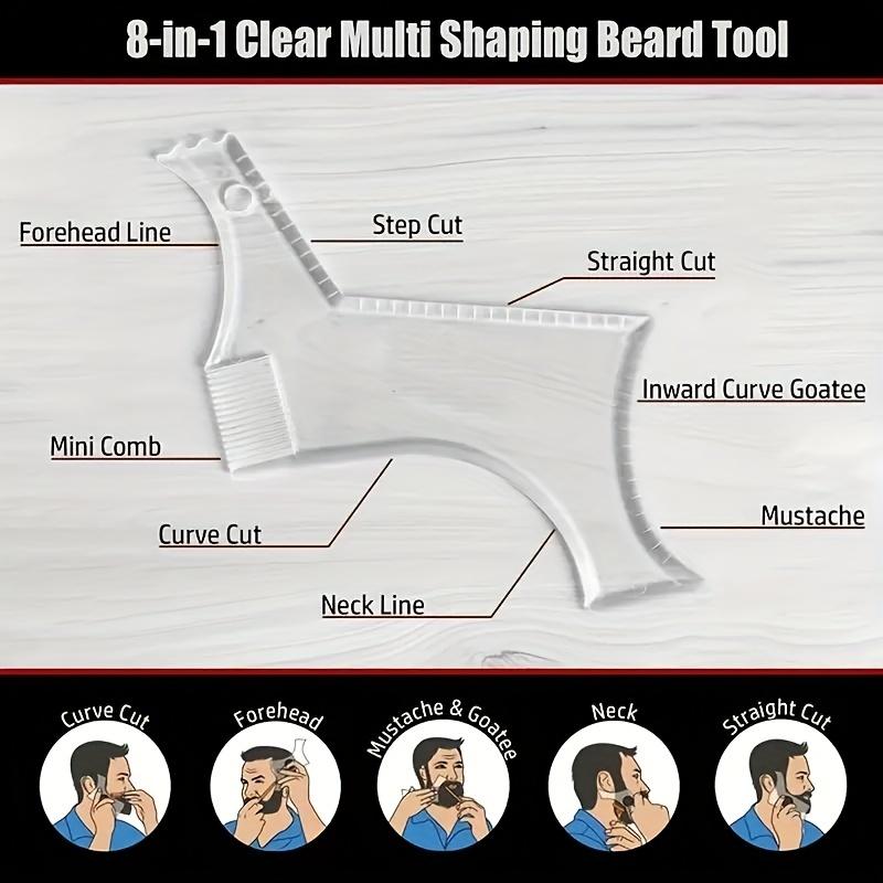 Men's grooming tools with built-in comb and beard styling templates, compatible with any electric shaver, trimmer, or scissors