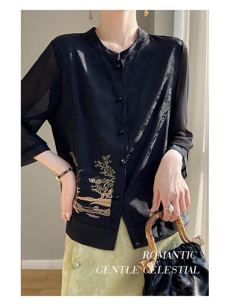 New Chinese Style Seven-Sleeve Xiangyun Yarn Jacket with Embroidered Stand Collar Faux Silk Shirt 