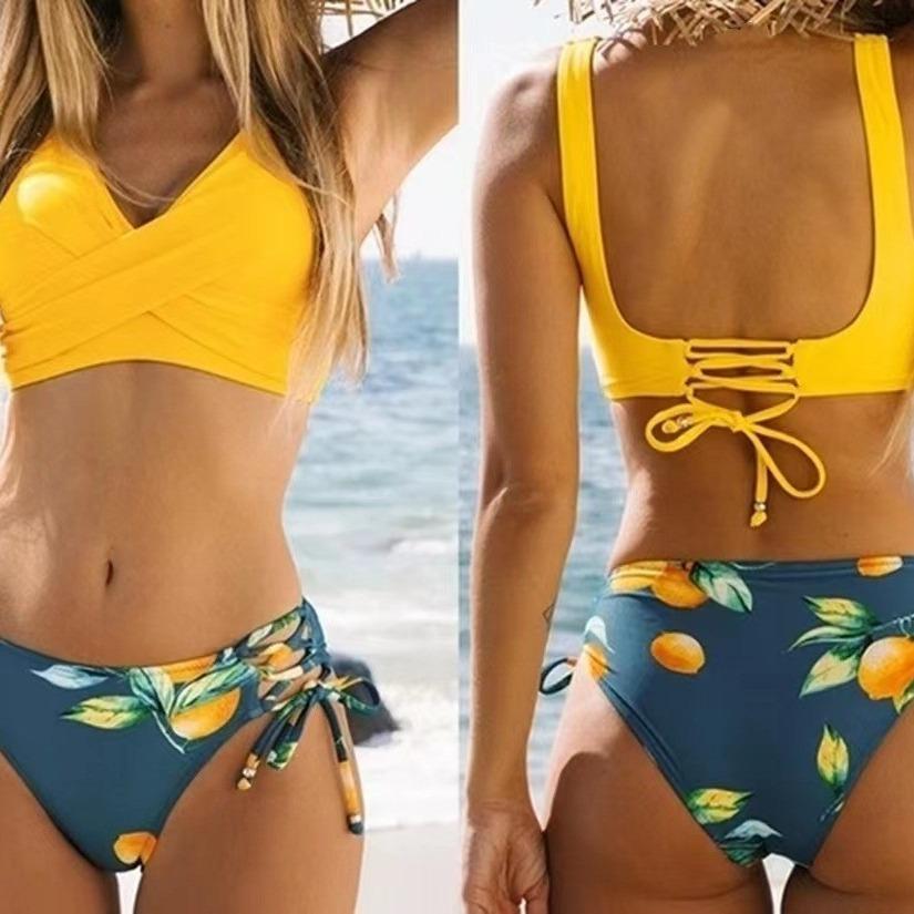Cross Front Push Up Bikini Set Lace Up Back Lemon Print Side Tie High Waist Tummy Control Sexy Two Piece Summer Beach Bathing Suit S жёлтый