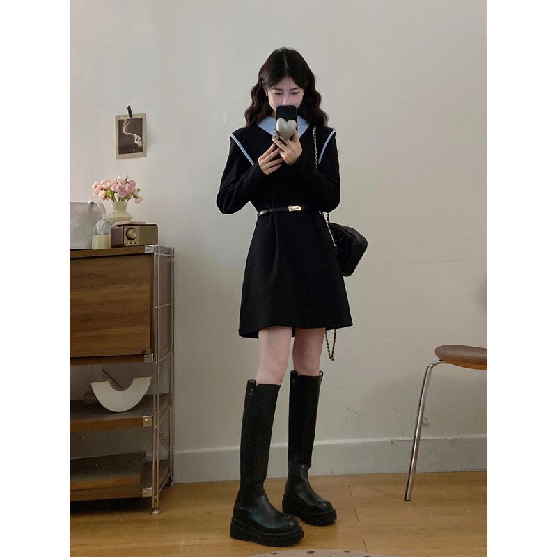 

Spring 2026 Plus Size Polo Collar Color Block Long Sleeve Dress with Waist-Cinching Slim Fit XL