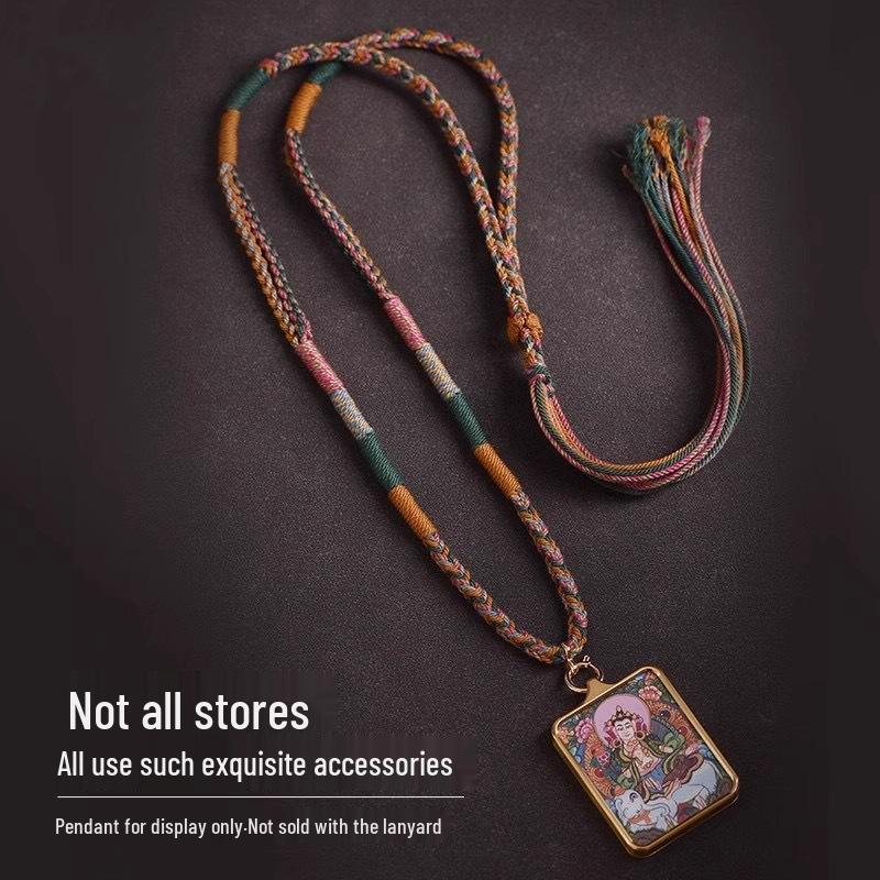 Tibetan Thangka Hand-Woven Cotton Necklace with Amber Amulet Pendant