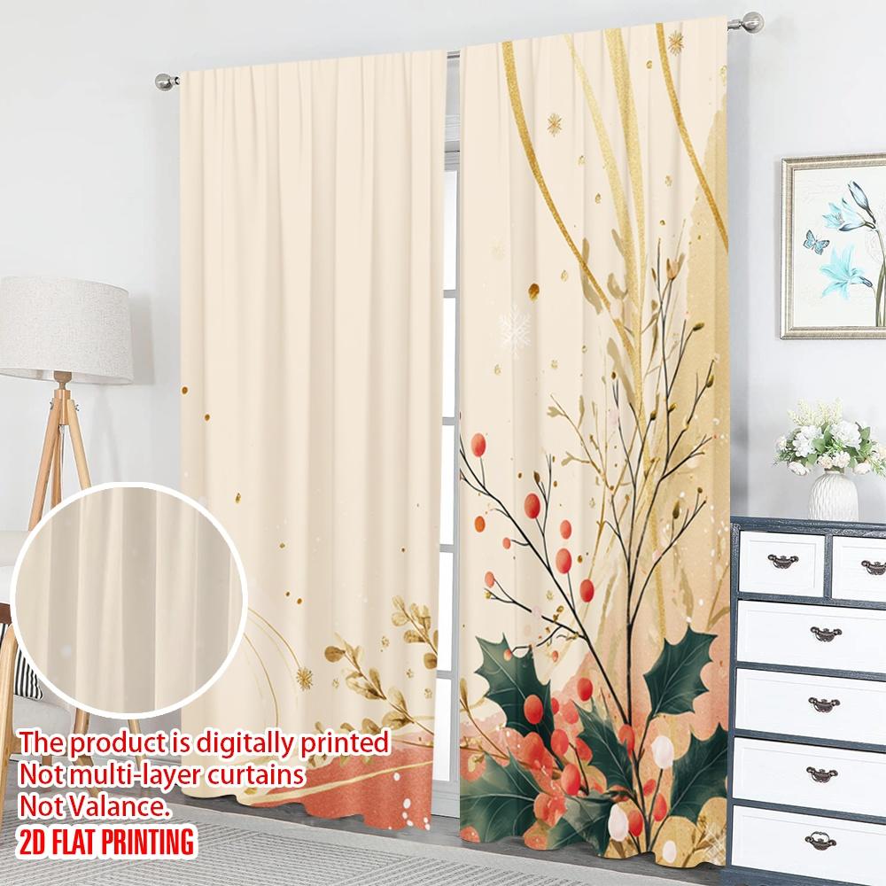 2pcs 2D flat printing Christmas Party Curtains Christmas Holly Berries Sprigs Digital Printed Polyester Drapes Party & Holiday