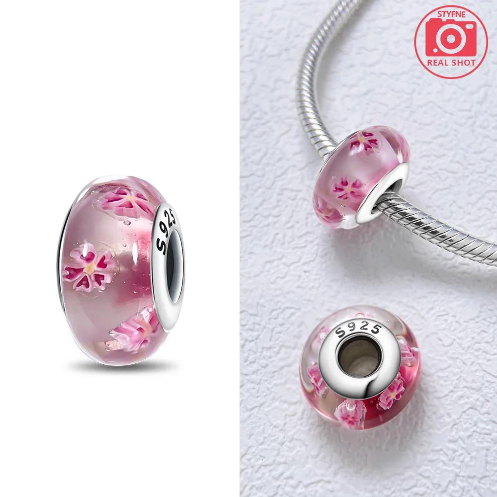 925 Silver Bracelet Women Diy Jewelry Gift Accessories Charms Beads Pink Murano Glass Blue Flower Butterfly Beads