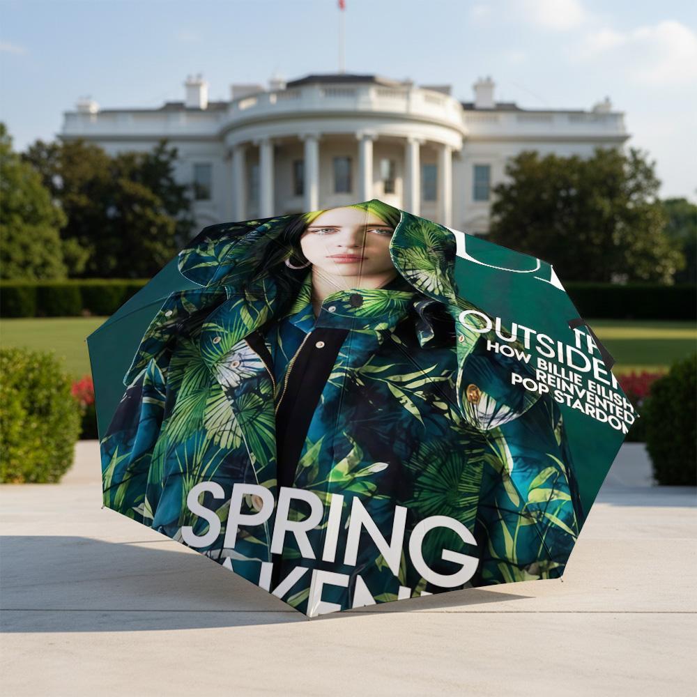 1 Stück Automatischer Faltregenschirm - Billie Eilish Muster, Tragbares & Faltbares Design mit 8 Speichen, Weihnachts-Geburtstagsgeschenke
