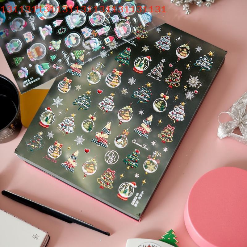 DIY Winter Nail Stickers with Metallic Christmas Tree and Cartoon Santa Claus Crystal Ball Decals