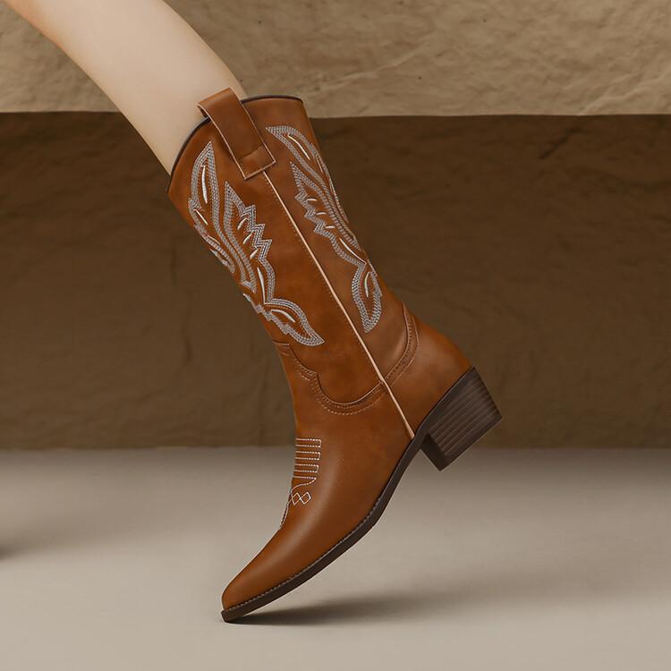 Fashion Autumn Winter Split Leather Women Boot Fashion Embroidery PointedToe Boots for Women Mid-calf Boots Botines Mujer Knight Boots