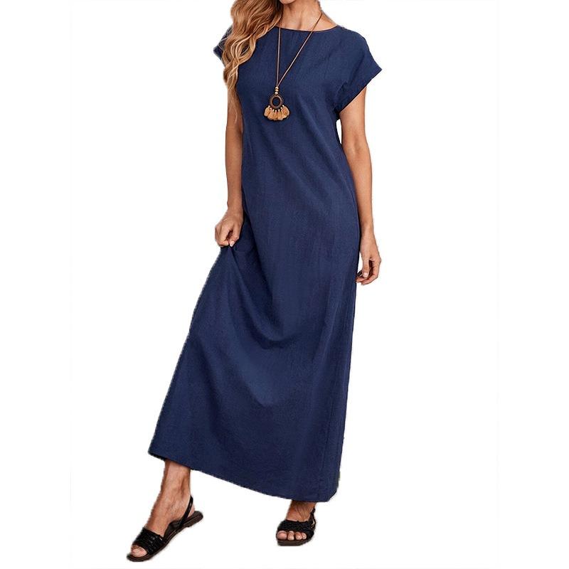 Summer Round Neck Short Sleeve Fashion Women Dress Loose Casual Solid Color Basic A-line Party Long Dresses Female Elegant Office Clothing