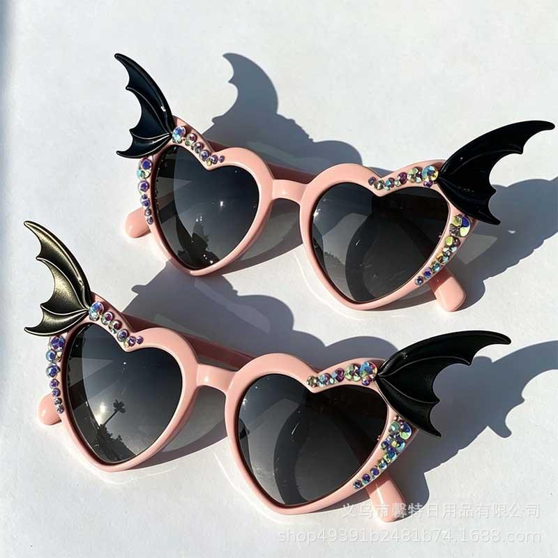 New Halloween Bat Wings Pink Heart Sunglasses with Handmade Gemstones in Dark Fairy Style for Personalized Look
