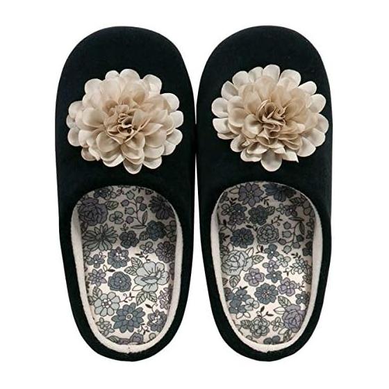 Senko S.D.S Charlotte Slippers with Flower Motif Approx. 24cm Black Memory Foam Sole 63192