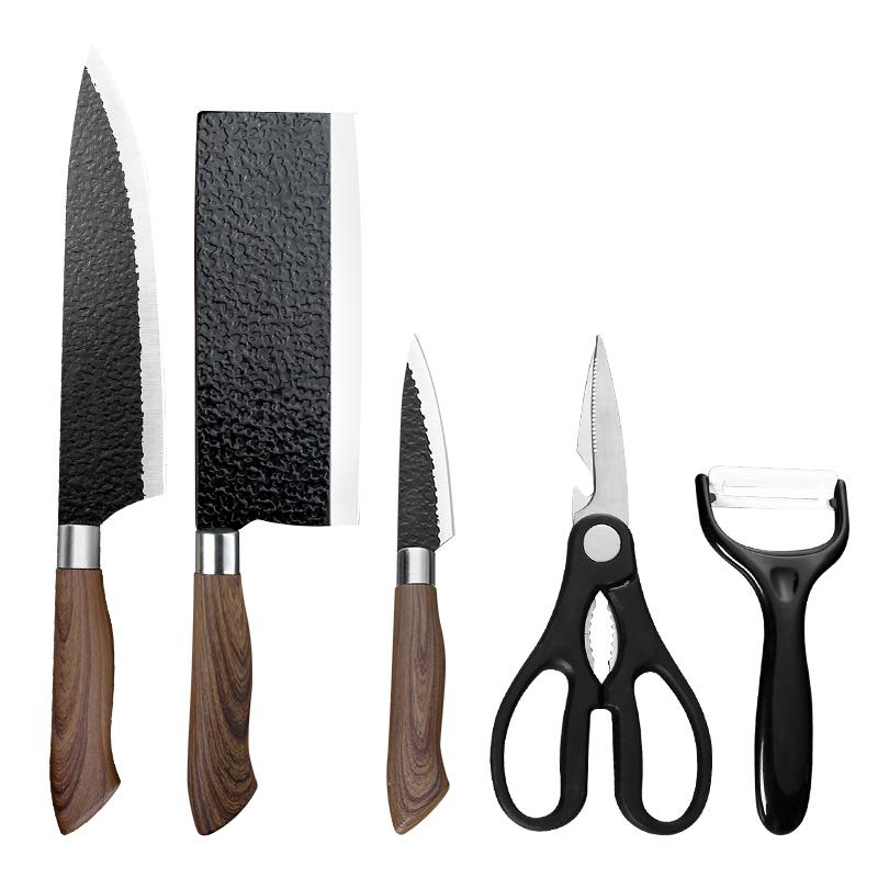 5 Pcs Non Stick Kitchen Knife Set Wooden Holder Stainless Steel Cooking Knife
