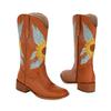 European and American  Retro Embroidered Flower Medium Heel Women's Tall Boots