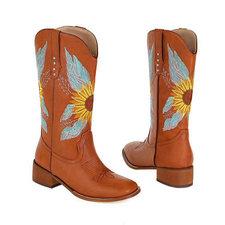 European and American  Retro Embroidered Flower Medium Heel Women's Tall Boots