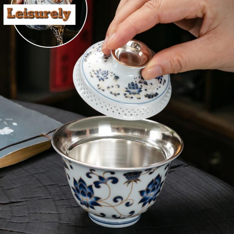 160ml Handamde Gilded Silver Gaiwan Jingdezhen Blue And White Porcelain  Tea Tureen Tea Maker Cover Bowl Teaware Collection Gift