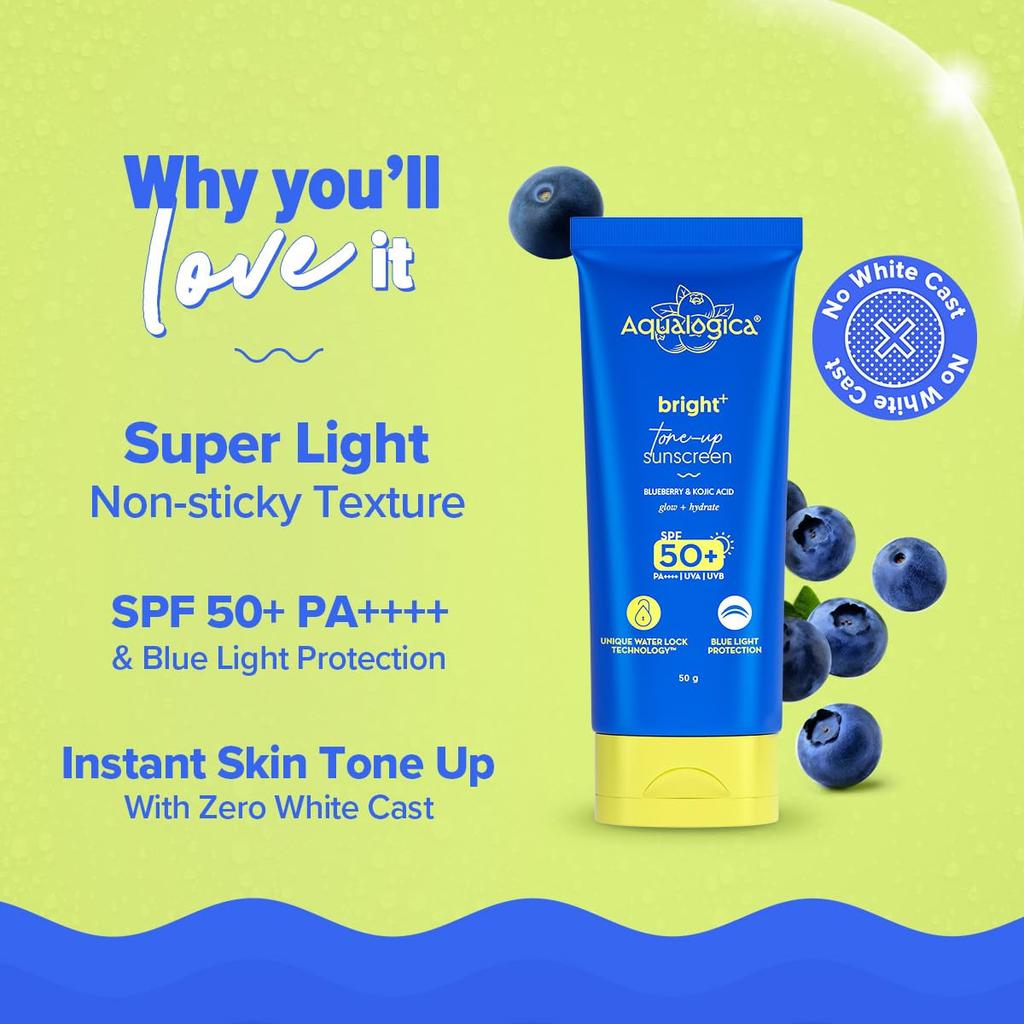 Aqualogica Bright+ Tone Up Sunscreen SPF 50+ PA++++ with Blue Light Protection 50g Pack of 1