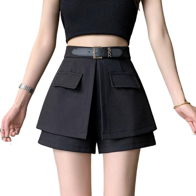 Women's 2026 Spring/Summer High-Waist Black A-Line Wide-Leg Cargo Shorts Skirt