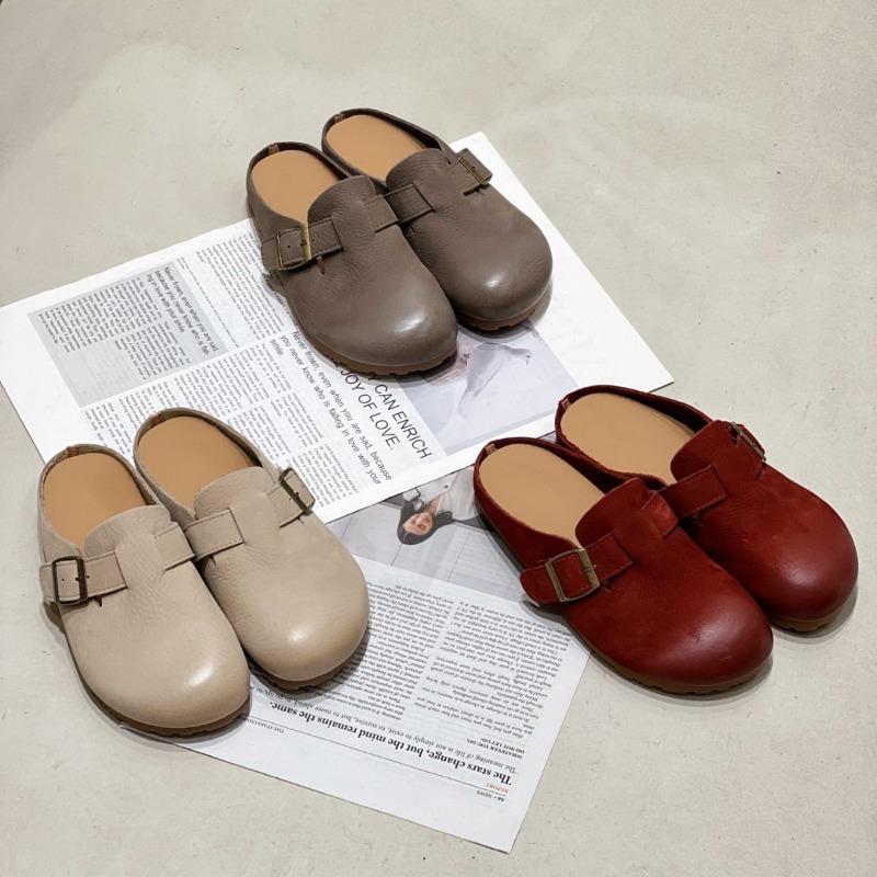 Cowhide bag head slippers women wear flat-bottomed retro lazy half-drag spring and autumn new soft-soled shoes