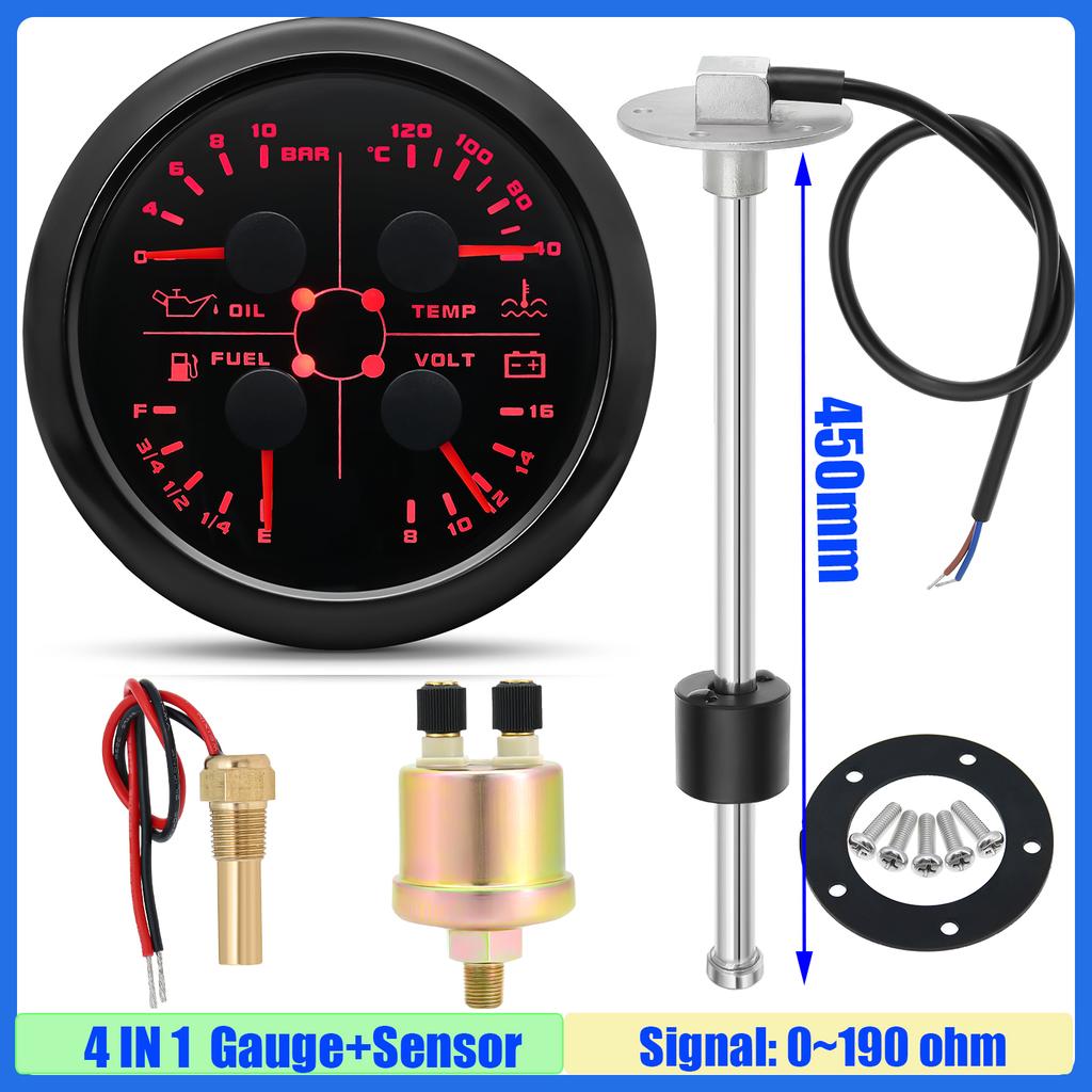 Red LED 85mm Gauge with Alarm 4 IN 1 Water Temp Meter/Oil Pressure/Fuel Gauge/Voltage+ 0-190 ohm Fuel Level Sensor 100-550mm 12V