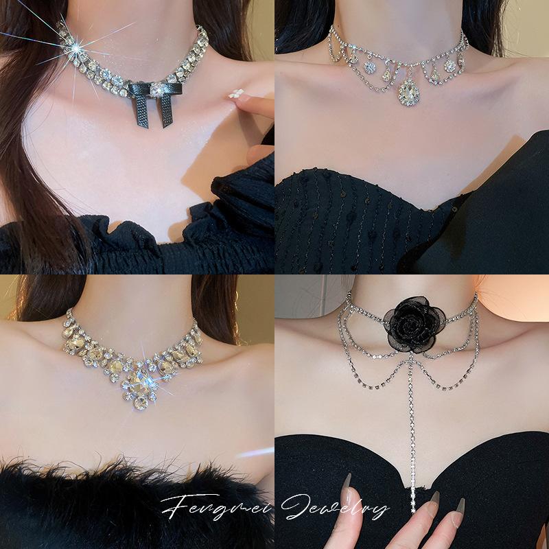 European and American exaggerated diamond-set love water drop fringe necklace design sense collarbone chain bridal temperament item decoration