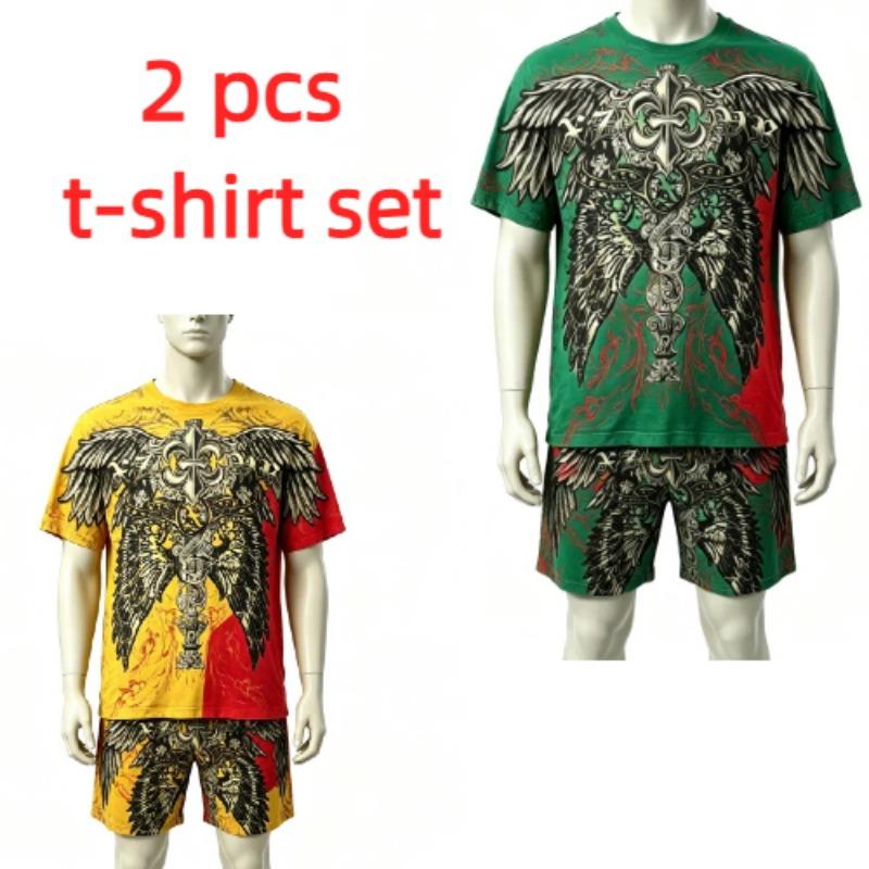 Fashion Summer Casual Retro Angel Wing Printed Round Neck Short Sleeved T-Shirt And Shorts Set Men's and Women's T-shirt Shorts Set