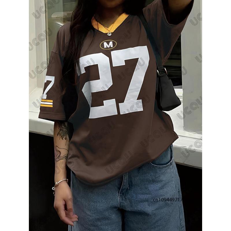 New Classic Retro Red No. 27 Print T-Shirt For Women Summer V-Neck Short Sleeve Sports Football Jersey Y2K Oversized Tops
