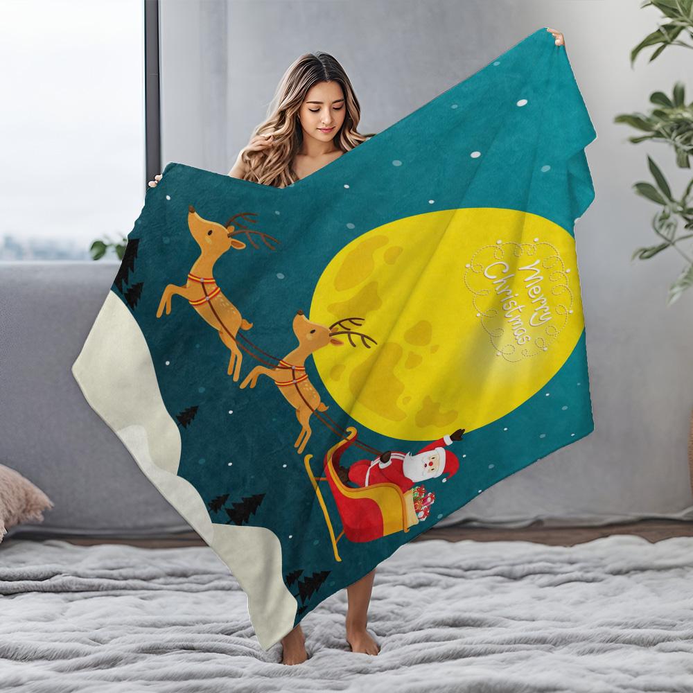 TU Cozy Christmas Throw Blanket Festive Reindeer Santa Claus Holiday Flannel Bedspread Gift Decor Warm Soft Home Decorating