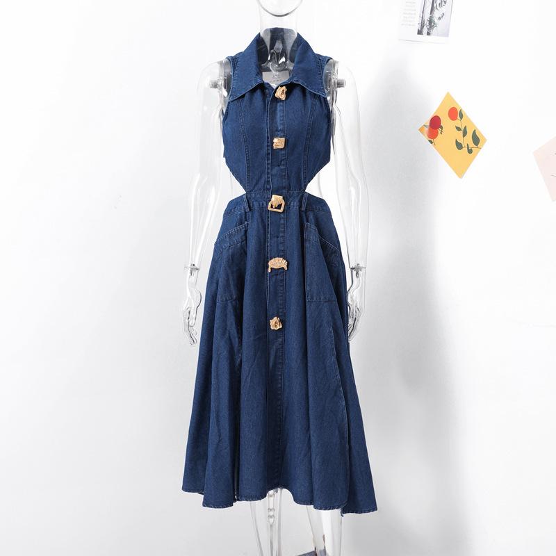 Chic Hong Kong style retro denim dress women's design sense breasted hollow slim fit medium and long split knee skirt