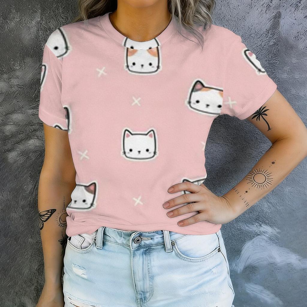 Simple Cartoon Cat Print Short Sleeved Round Neck T-shirt for Women's Summer Casual Versatile Daily Commuting Top