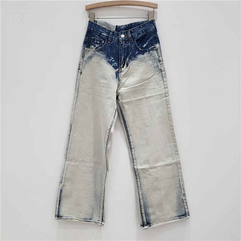 Gerade beschichtete Jeans Damen Herbst Neu High Street Tie-Dye Hohe Taille und Dünnes Weites Bein Bodenlange Hose Trendige Marke