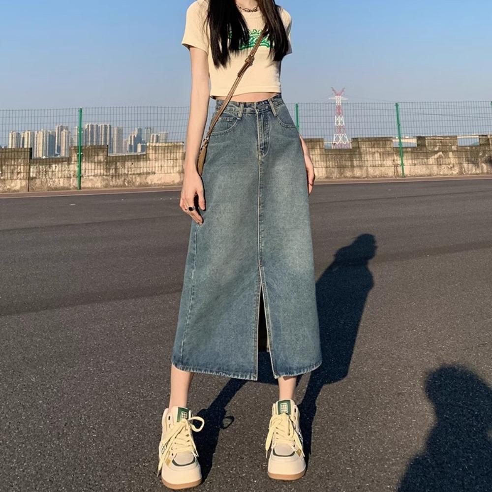 Women s High Waist Front Slit Midi Denim Skirt Loose A Line Vintage Washed Casual Long Skirt XS