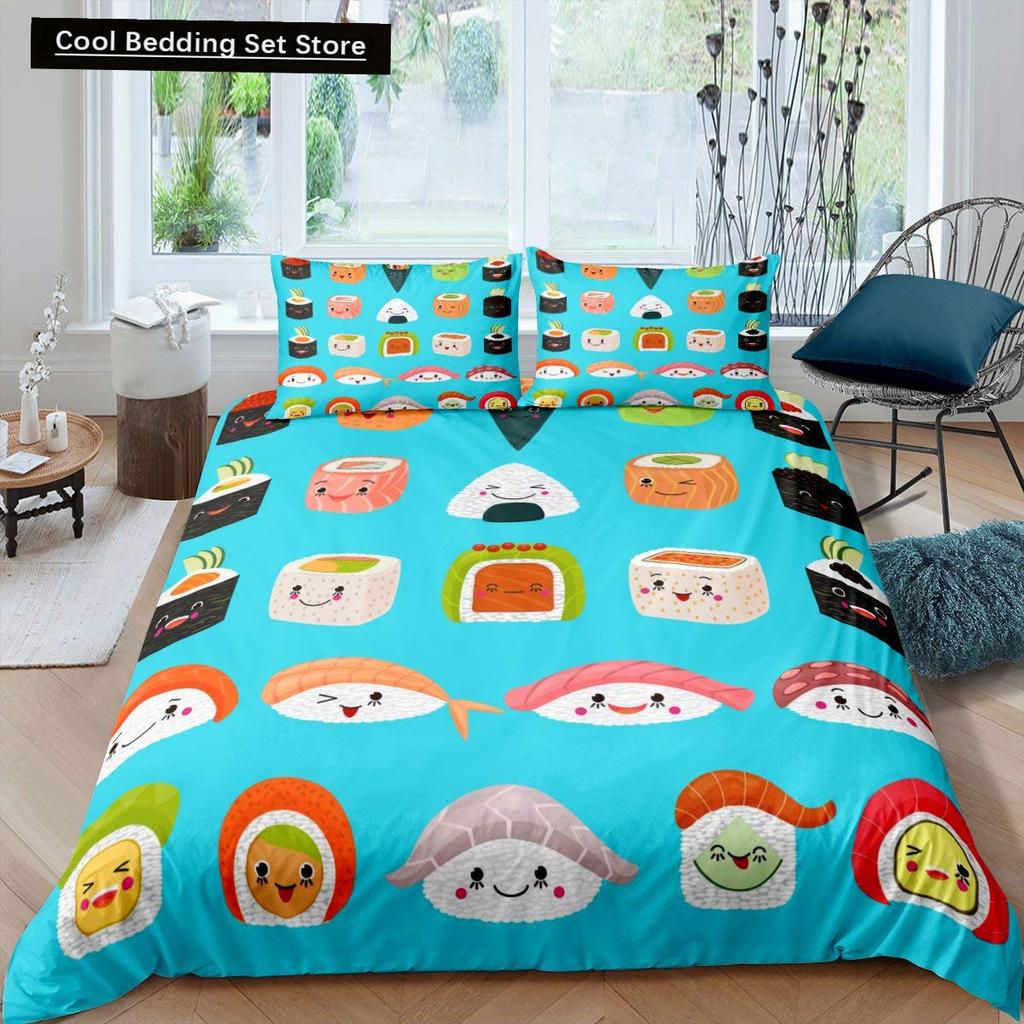 Japan Sushi Königin König Bettbezug Meeresleben Bettwäscheset Cartoon Japanisches Essen Bettdeckenbezug Bunt Polyester Bettdeckenbezug