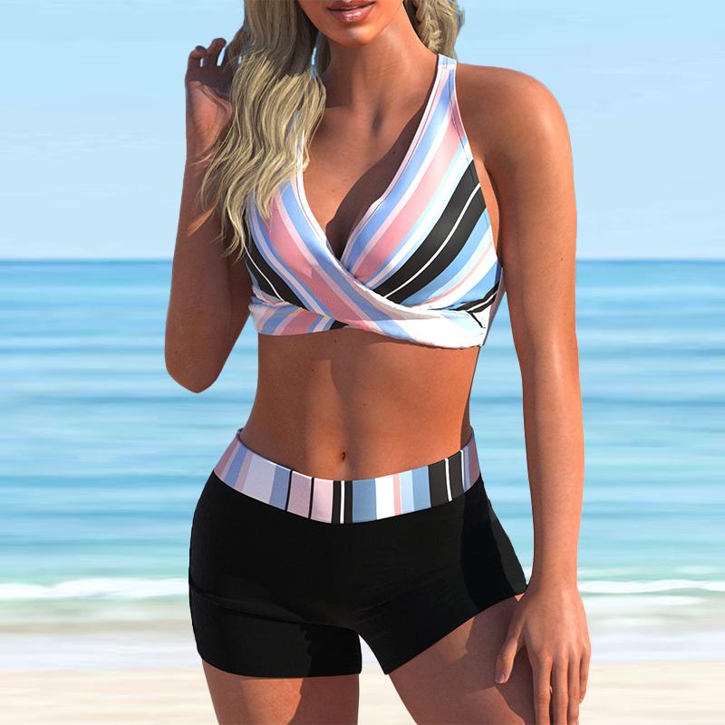 Dámské plavky s popruhem přes rameno Světle modré s přechodem květinovým potiskem Bikini plavky tankiny