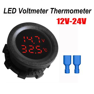 12V Car Thermometer Voltage Meter Digital LED Display Temperature Monitor Round Panel with Short Circuit Protection 37mm
