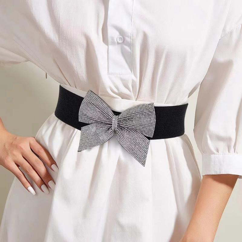 Rhinestones Bowknot Corset Belt Fashionable Girdle Belt Elastic Waist Cincher for Evening Party Dressingup Waist Decors