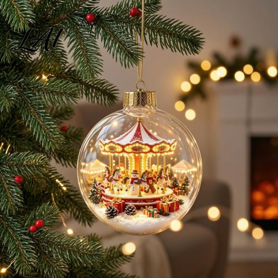 Hanging Holiday Decor Glowing Christmas Ball Ornaments Light-Up with Mini Scene Acrylic Clear Indoor Ornaments Tree Warm LED Light for Home Window