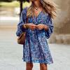 Women Mini Dress V Neck Mid Waist Colorful Floral Print Loose Three Quarter Sleeves Split Hem Above Knee Length Female Dating Party Dress