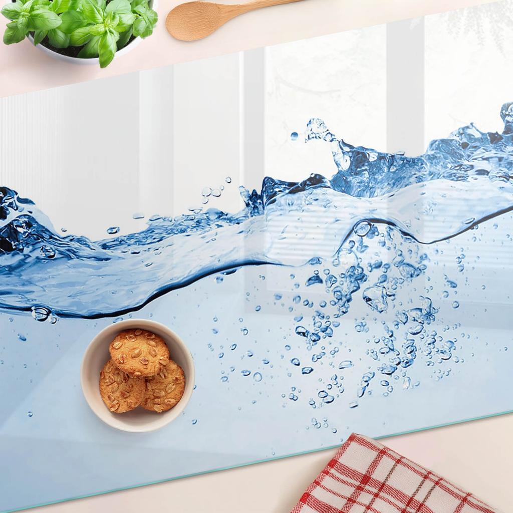 Tempered Glass Kitchen Serving Board with Water Graphics 80x52 Cm