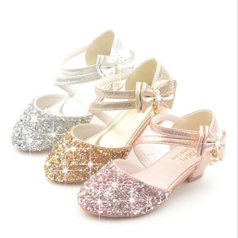 2026 Children Sandals Girl High Heels Princess Shoes For Girls Glitter Bowtie High Heel Sandals Dress Party Shoe Size 26-38