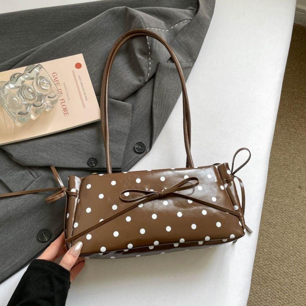 Elegante Borsa a Spalla con Fiocco in PU Finitura Lucida Borsa Rettangolare Sottile Borsa a Spalla a Pois per il Pendolarismo