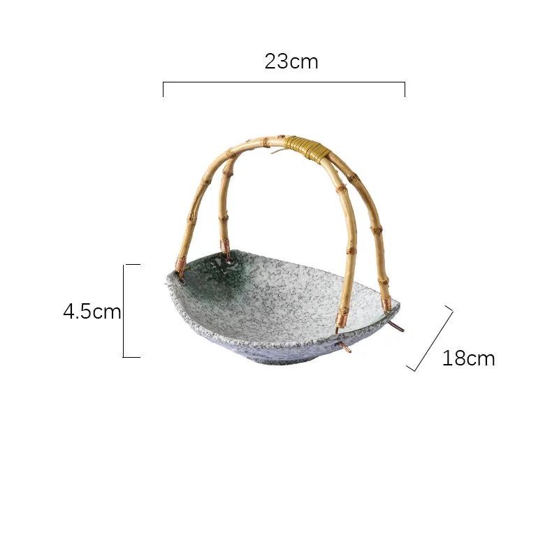 Japanese Ceramic Sushi Plate with Bamboo Handle – Creative Hanging Fruit & Dessert Tray