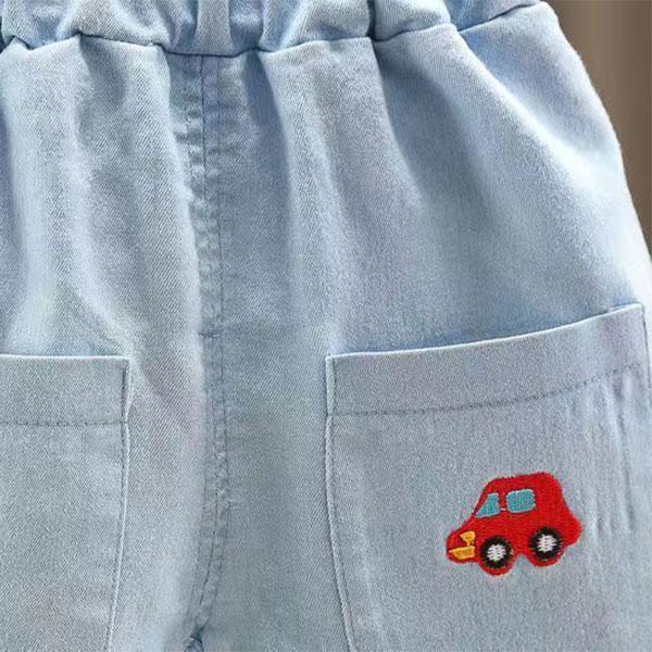 Cămașă cu mânecă scurtă cu rever cu model de mașină acoperită cu bumbac pentru bebeluși de vară de 0-5 ani, cu set de 2 piese de pantaloni scurți versatili casual din denim