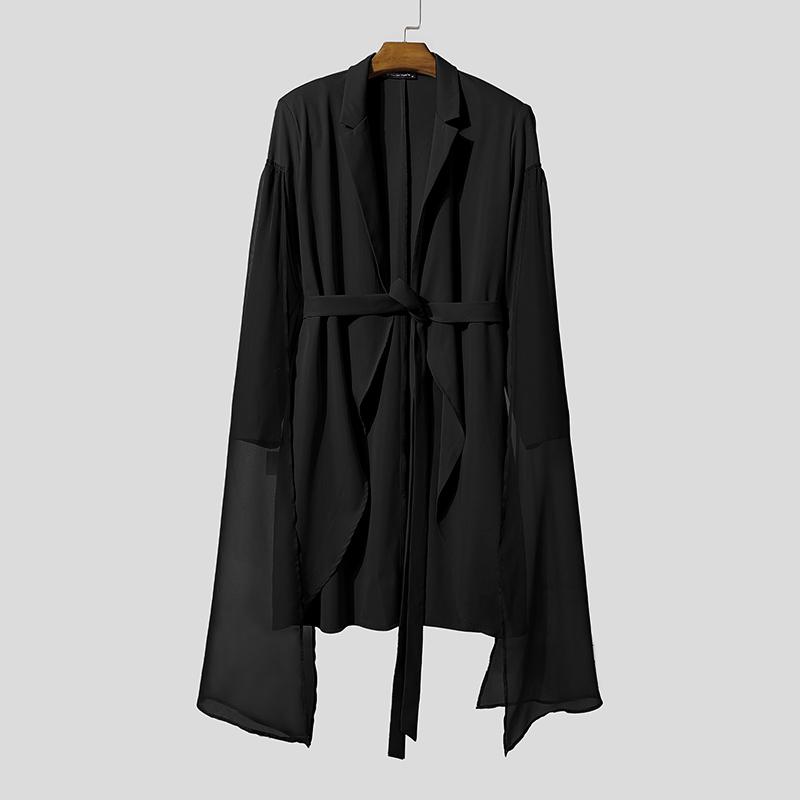 INCERUN Herren Langarm Gürtel Mesh Patchwork Unregelmäßig Lässig Dünne Lange Mäntel