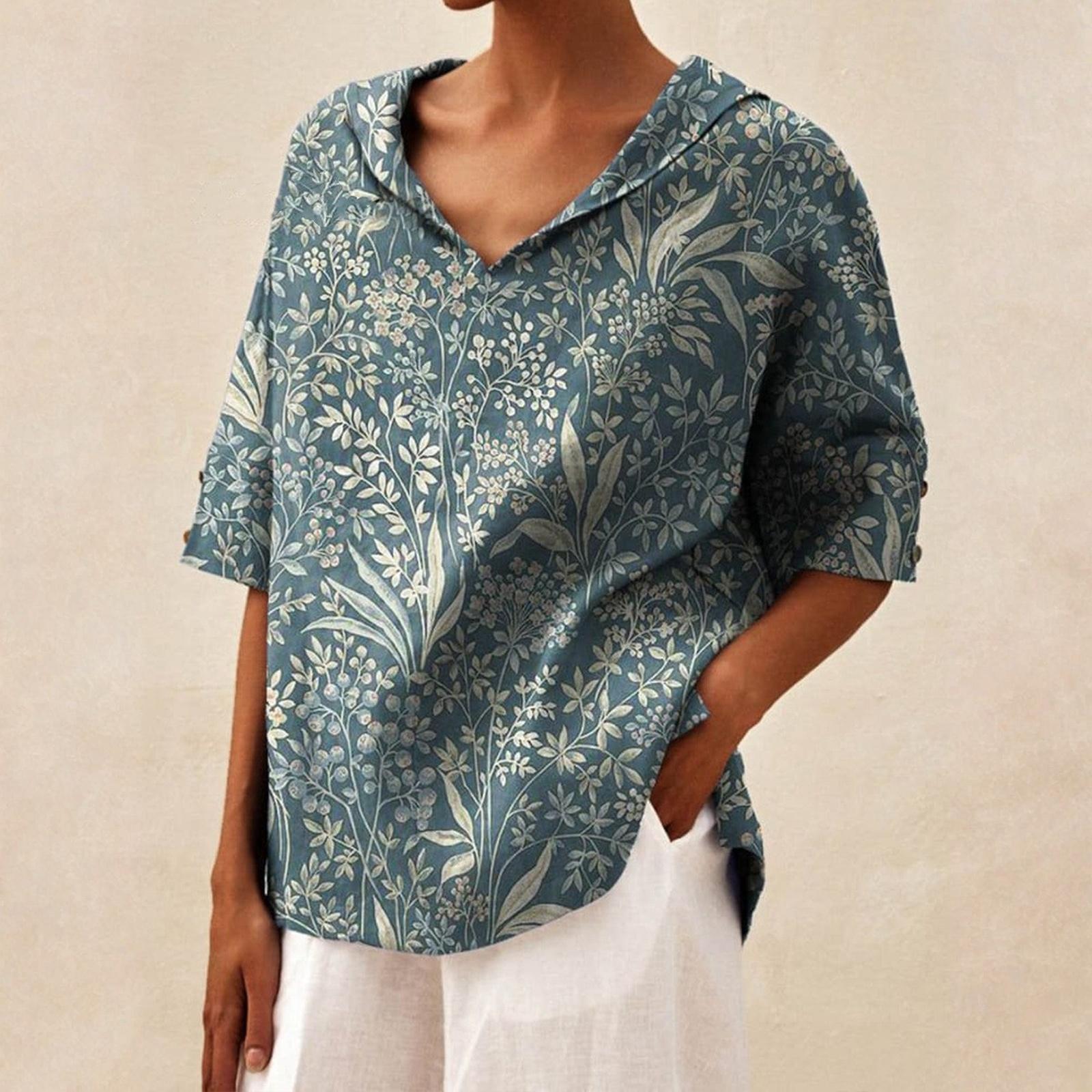 

Women s Solid Color Cotton And Linen Loose V-neck Mid-Sleeve Button-Up T-Shirt L Темно-синій