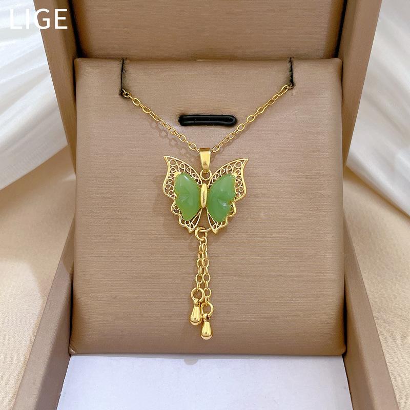 Titanium Steel, Green Butterfly Tassel Light Luxury Temperament Gorgeous Full Diamond Necklace Women'S Versatile Collarbone Chain Titanium Steel Chain