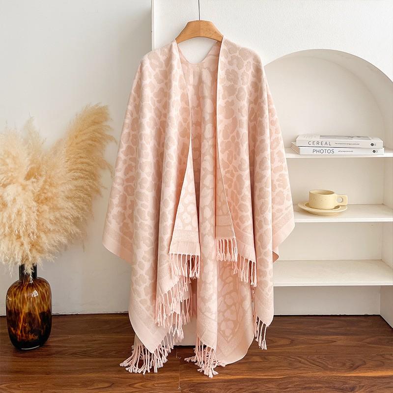 Womens Leopard Print Fringe Split Shawl Runway Fashion Cape Warm Winter